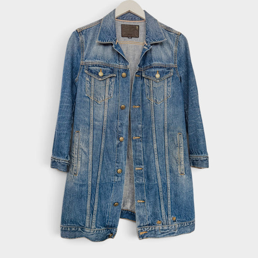 R13 Blue Wash Denim Long Tailored Trucker Jacket Large ~ AU8-10