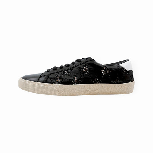 Saint Laurent Court Classic Black Leather Glitter Star Sneakers EU40 ~ AU9