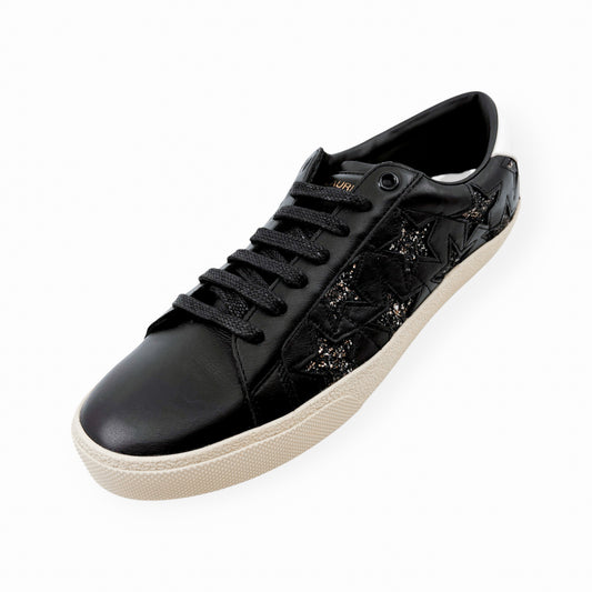 Saint Laurent Court Classic Black Leather Glitter Star Sneakers EU40 ~ AU9