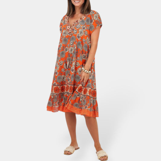 Naudic Orange Floral 'Florence' Sao Paulo Midi Dress Large ~ AU12-14 [NEW]