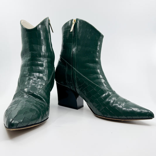 Tibi Green Croc Embossed Shiny Leather Dylan Ankle Boots EU40 ~ AU9