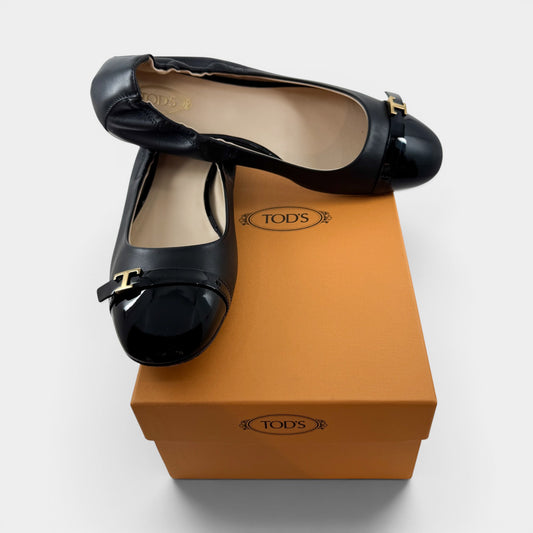 Tod's Black Leather T-Logo Ballet Flat Shoes EU38.5 ~ AU7.5