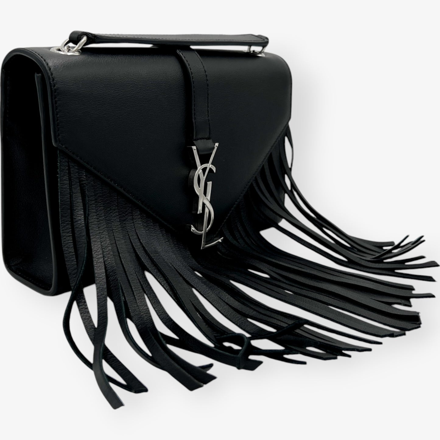 Saint Laurent YSL Black Leather Monogram Fringe Envelope Chain Crossbody Bag