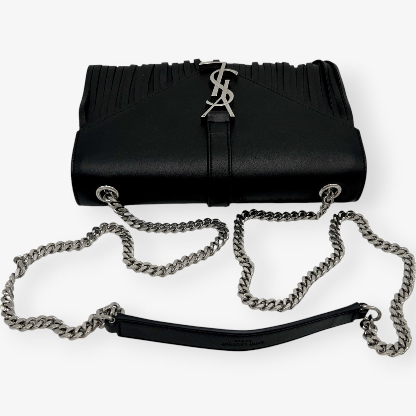 Saint Laurent YSL Black Leather Monogram Fringe Envelope Chain Crossbody Bag