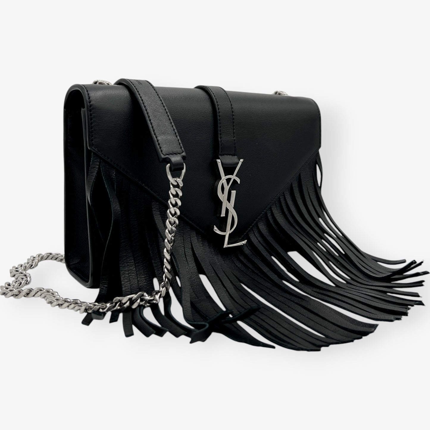 Saint Laurent YSL Black Leather Monogram Fringe Envelope Chain Crossbody Bag