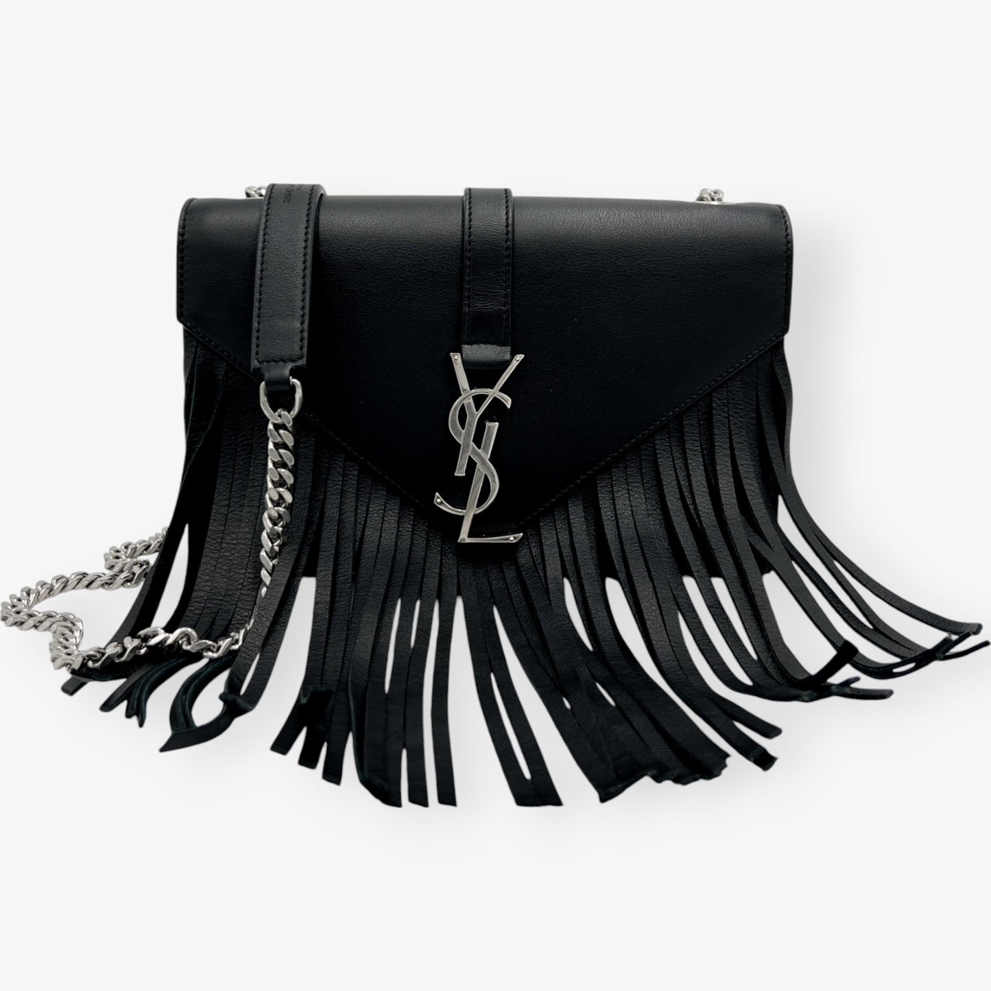 Saint Laurent YSL Black Leather Monogram Fringe Envelope Chain Crossbody Bag