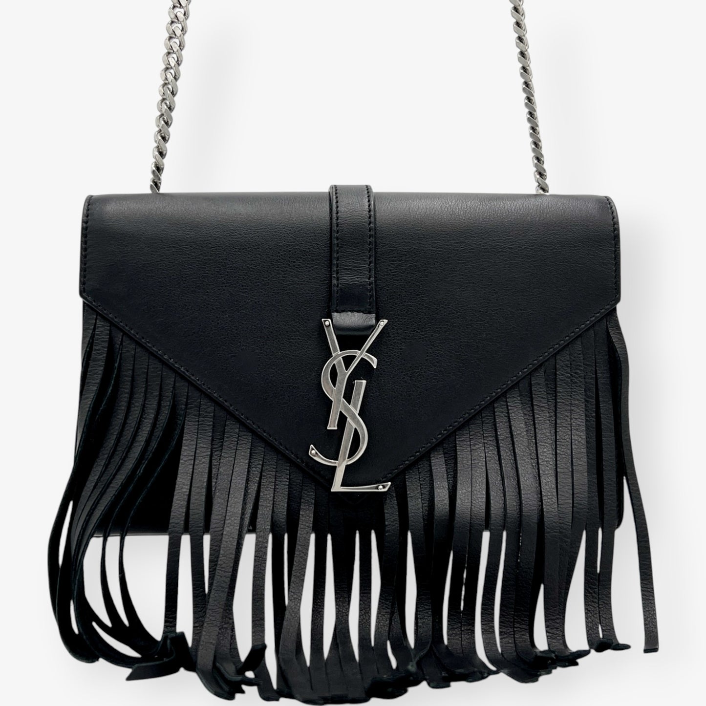 Saint Laurent YSL Black Leather Monogram Fringe Envelope Chain Crossbody Bag