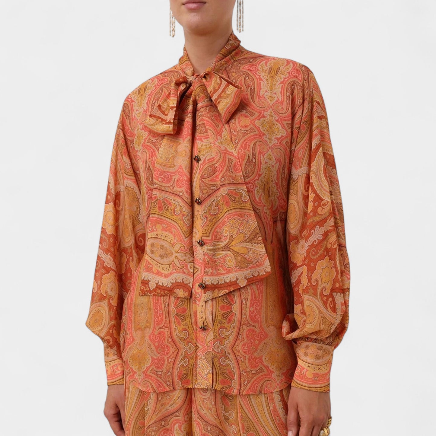 Zimmermann Tranquillity Orange Coral Paisley Neck Tie Blouse 0 ~ AU8