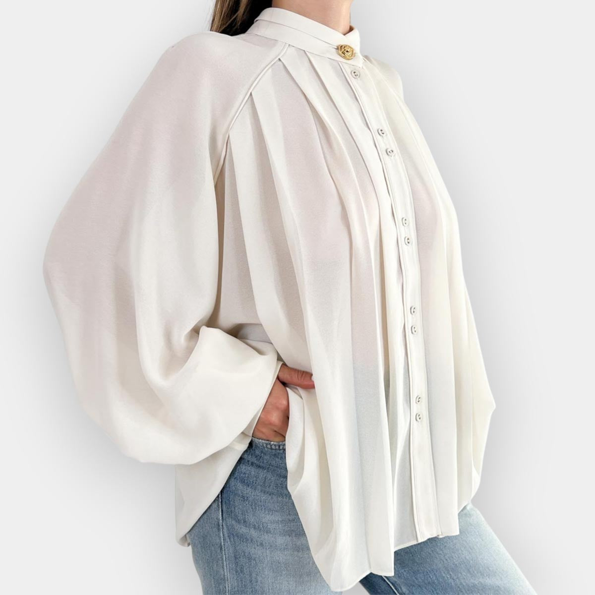 Aje Off White Beatrice Pleated Gold Button Blouse AU12