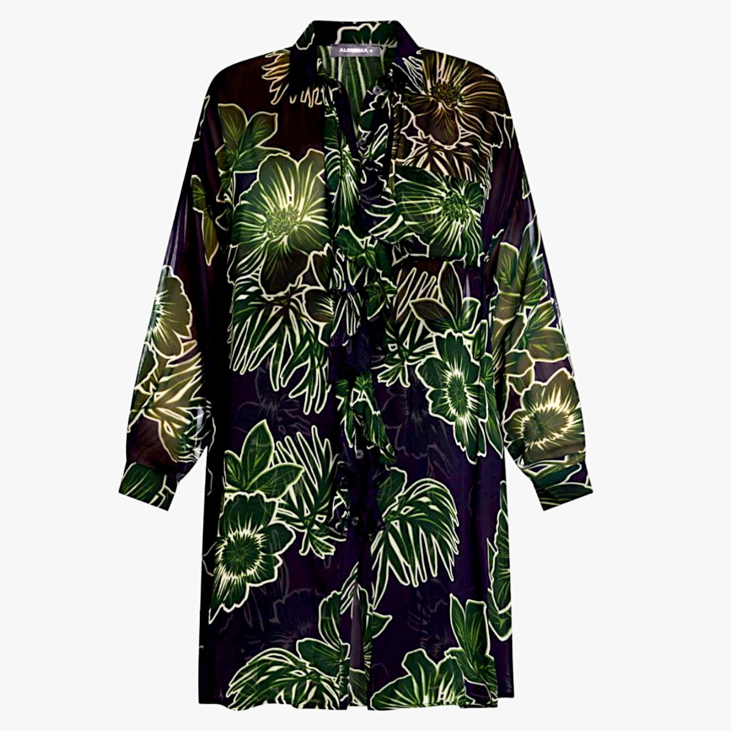 Alembika Green & Blue Floral Chiffon Frill Shirt Dress Top X-Small ~ AU8-10 [NEW]