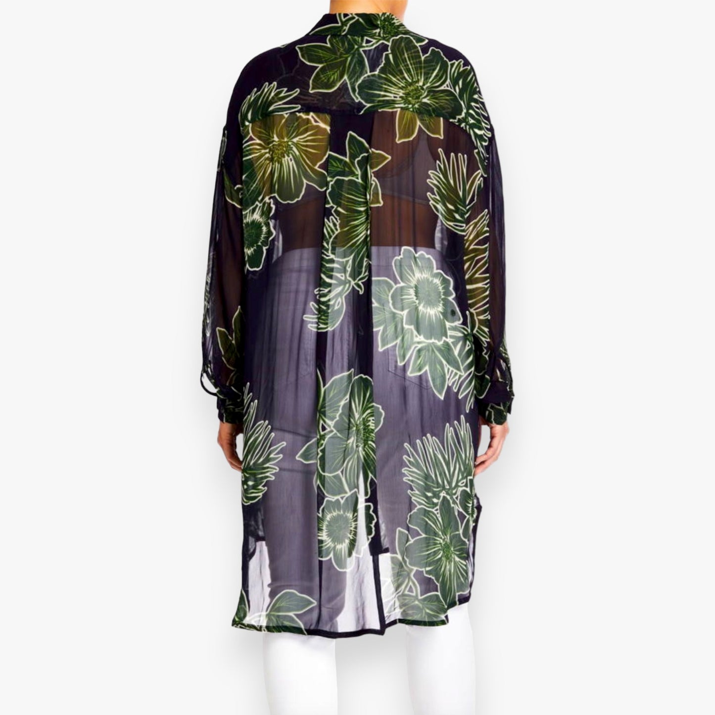 Alembika Green & Blue Floral Chiffon Frill Shirt Dress Medium ~ AU14-16 [NEW]