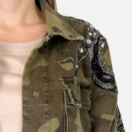 AllSaints 'Finch' Camo Green Sequin Embellished Utility Jacket Med ~ AU10 [NEW]