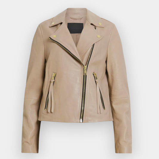 AllSaints Dalby Caramel Beige Lambs Leather Biker Jacket Medium AU12 ~ EU40 [NEW]