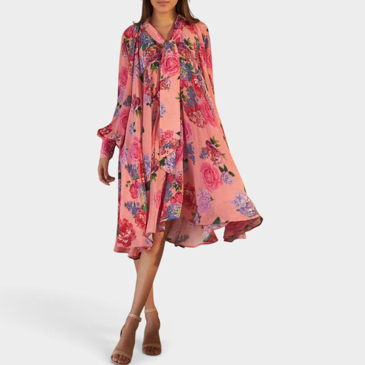 INOA Roses Red Pink Silk Amber Swing Dress 1 ~ AU10 [NEW]