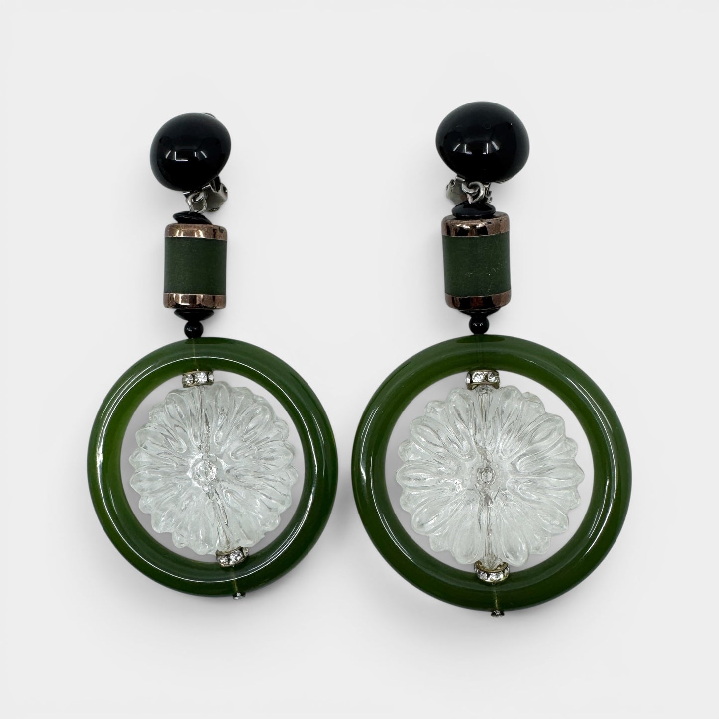Angela Caputi Italy Green Resin Clear Flower Clip On Earrings