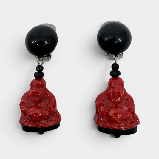 Angela Caputi Italy Red Resin Buddha Statement Clip On Earrings