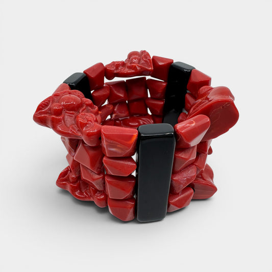 Angela Caputi Italy Red Black Resin Buddha Elasticated Chunky Bracelet