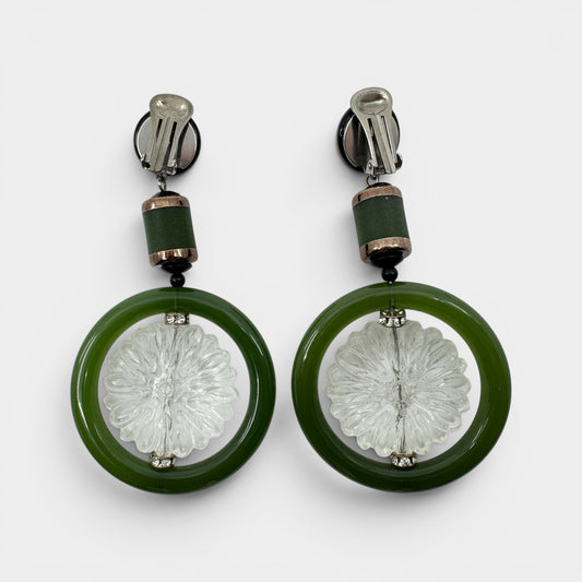 Angela Caputi Italy Green Resin Clear Flower Clip On Earrings