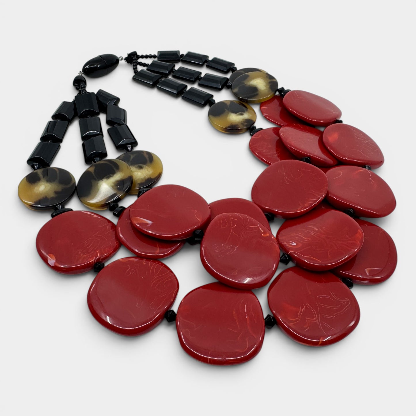 Angela Caputi Italy Red Black Resin Beaded Statement Necklace