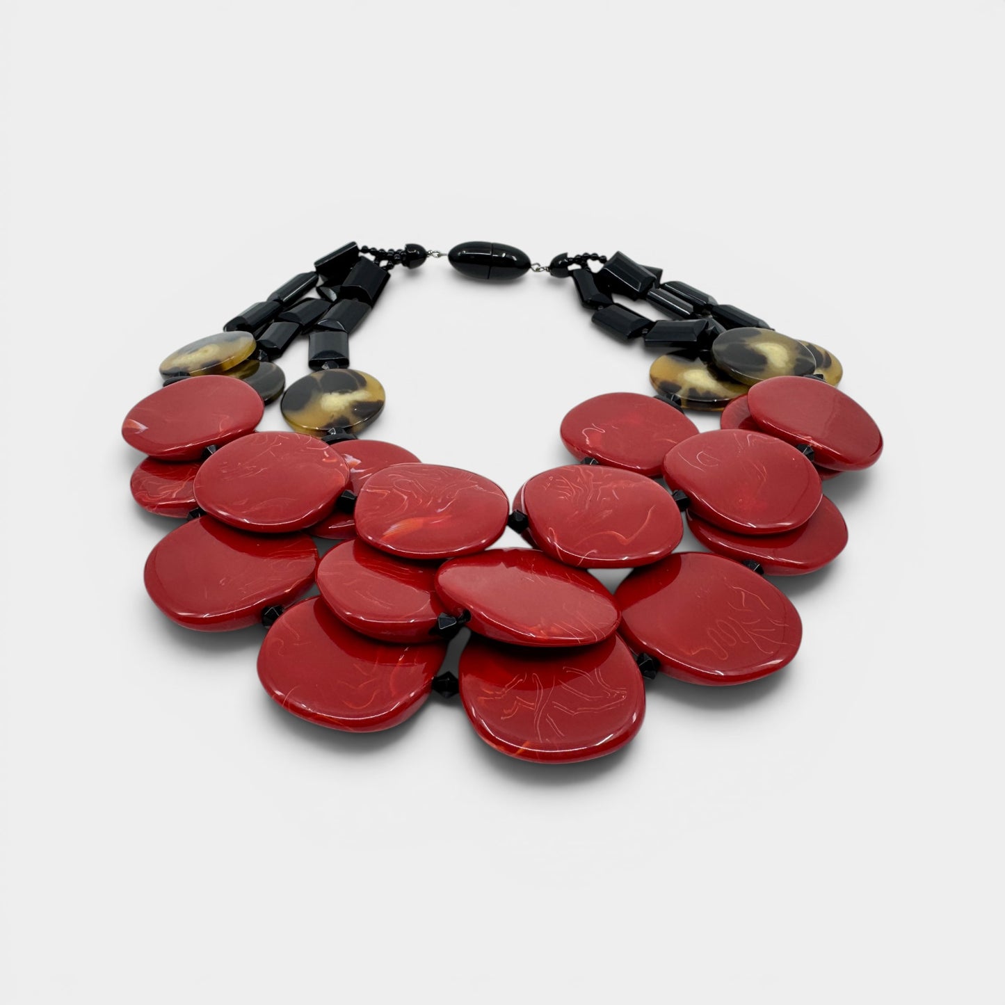 Angela Caputi Italy Red Black Resin Beaded Statement Necklace