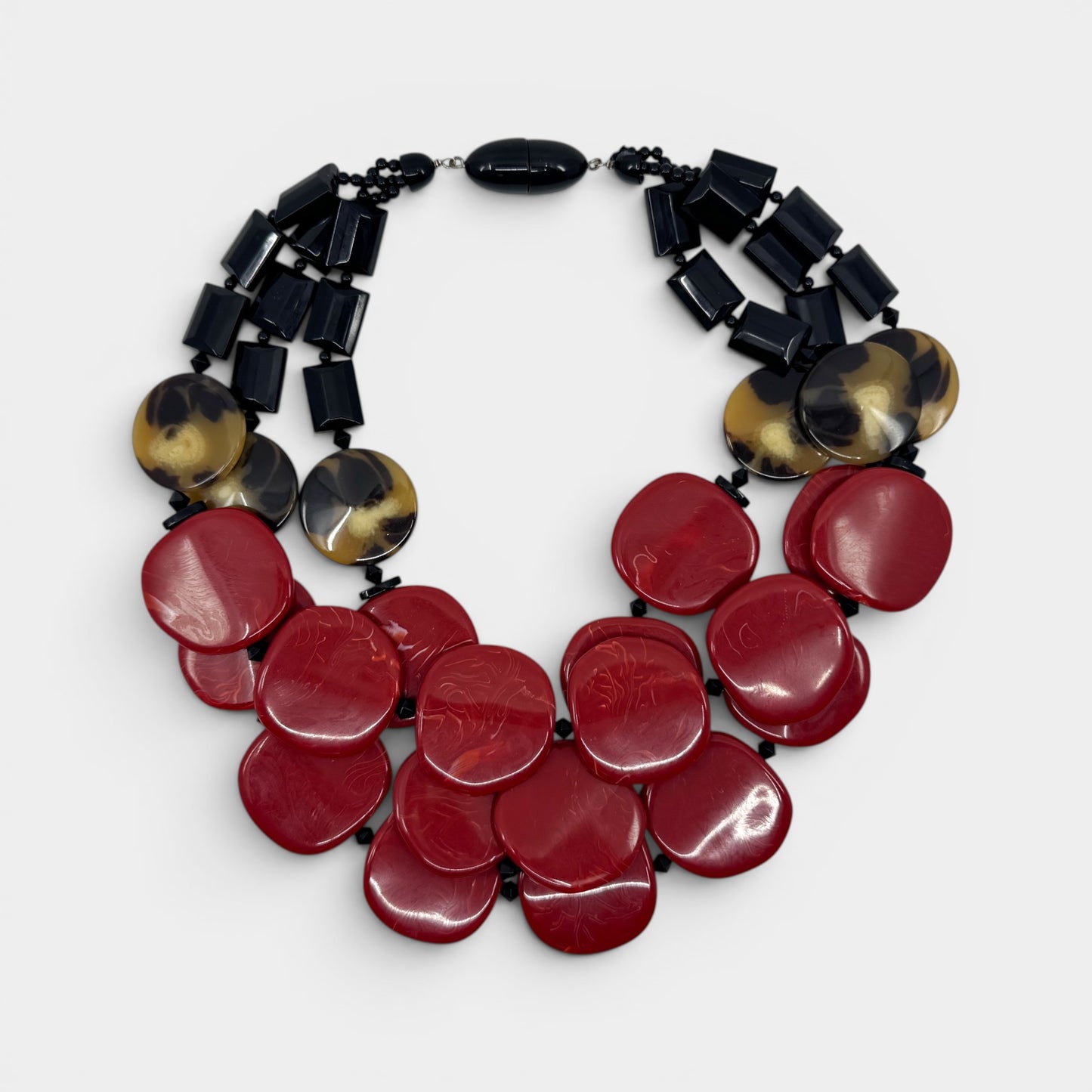 Angela Caputi Italy Red Black Resin Beaded Statement Necklace