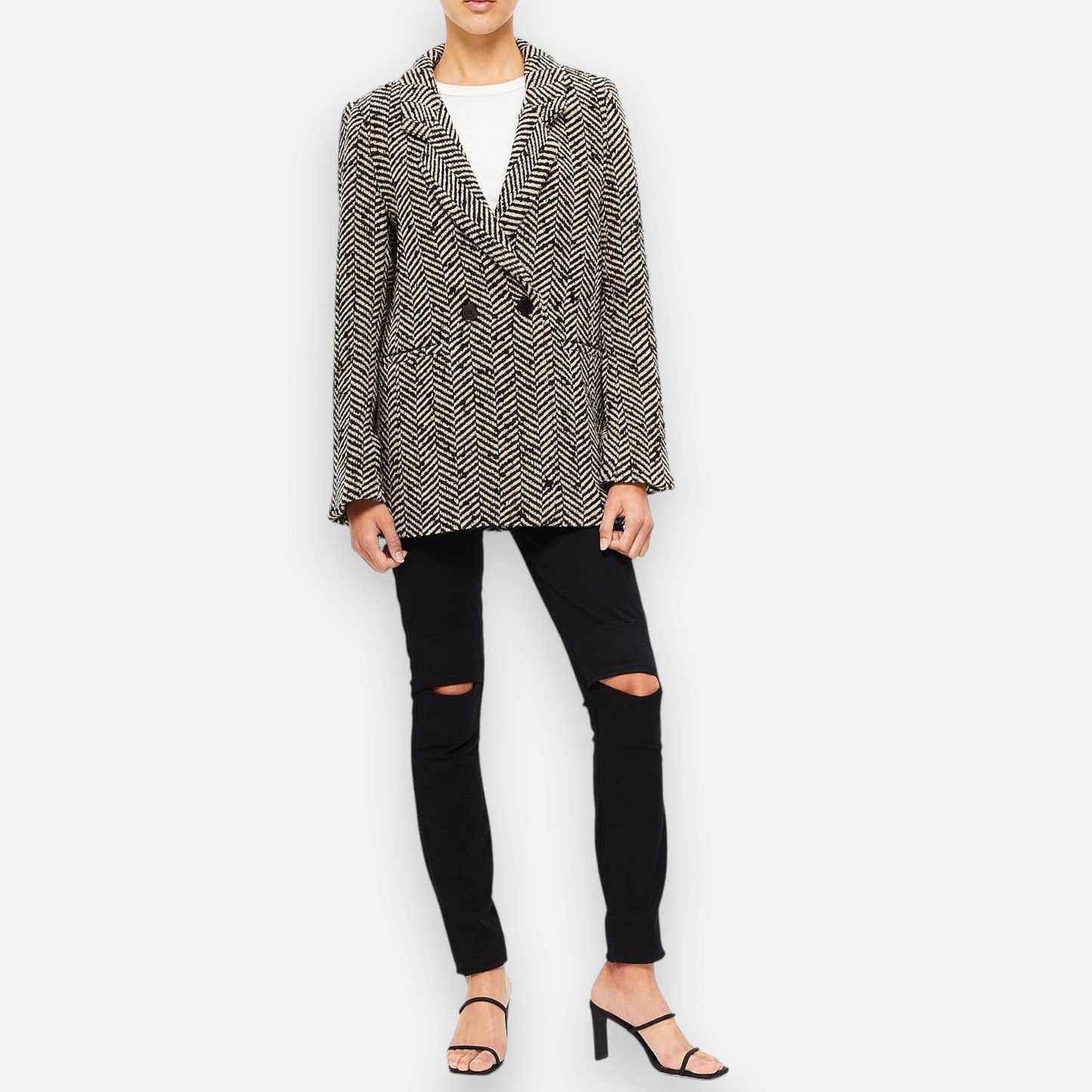 Anine Bing Black Cream Herringbone Double Breasted Wool Coat M ~ AU12-14 [NEW]