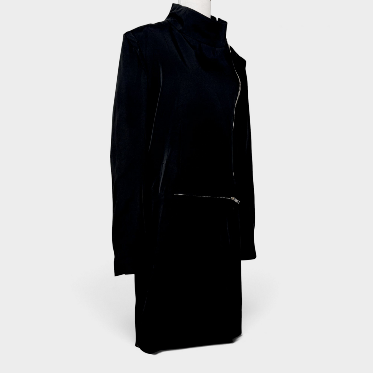 Studio61 Preloved Boutique Sydney Ann Demeulemeester black avant-garde coat with an asymmetrical zip and high collar.