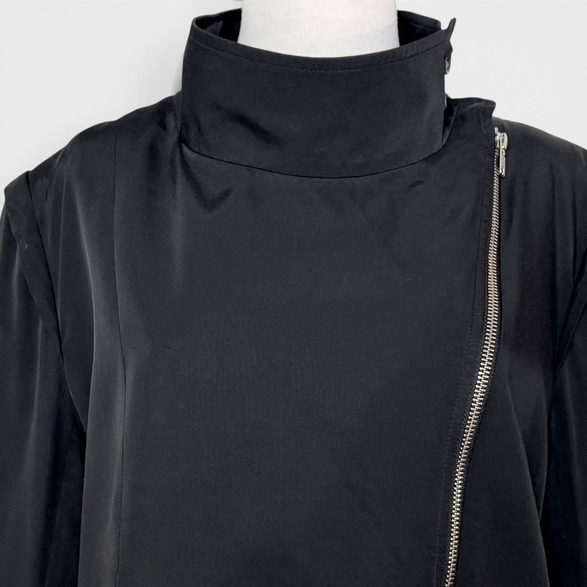 Studio61 Preloved Boutique Sydney black Ann Demeulemeester coat with a high collar and asymmetrical silver zipper