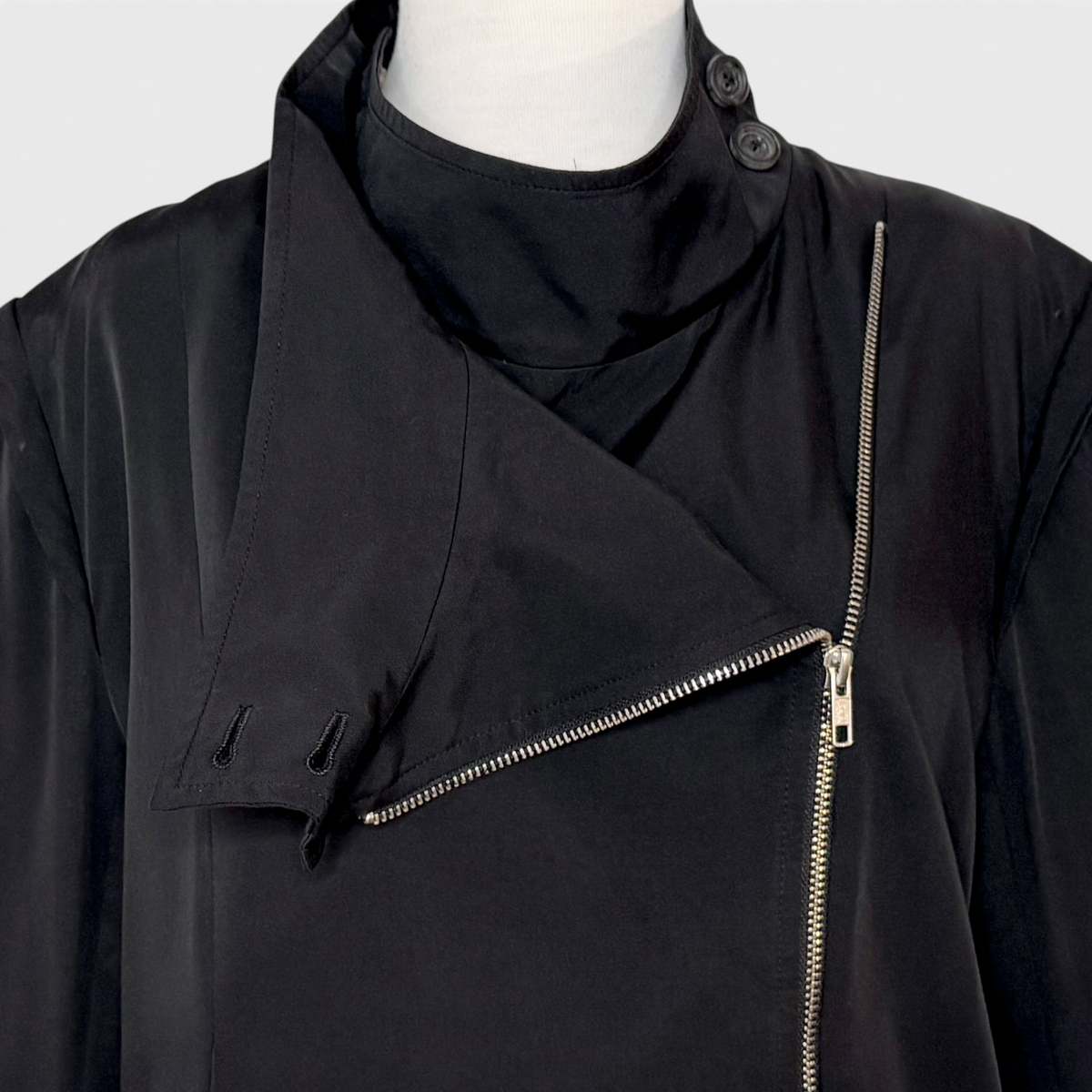 Studio61 Preloved Boutique Sydney Ann Demeulemeester black coat featuring an asymmetrical zip and high collar