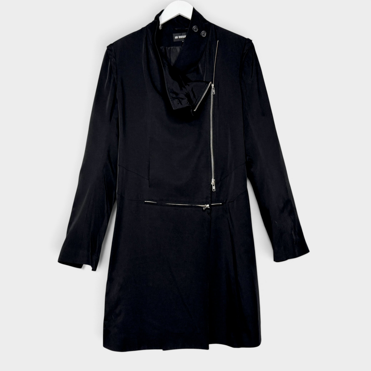 Studio61 Preloved Boutique Sydney black Ann Demeulemeester coat with an asymmetrical zip and high collar