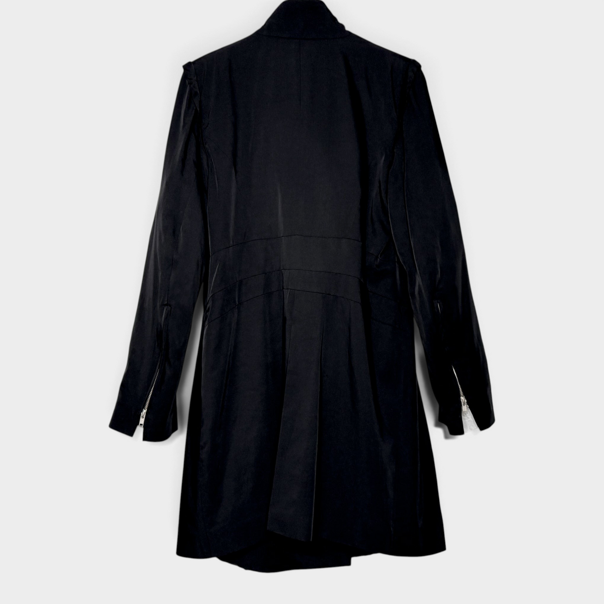 Studio61 Preloved Boutique Sydney black Ann Demeulemeester coat with zippered cuffs, back view on hanger