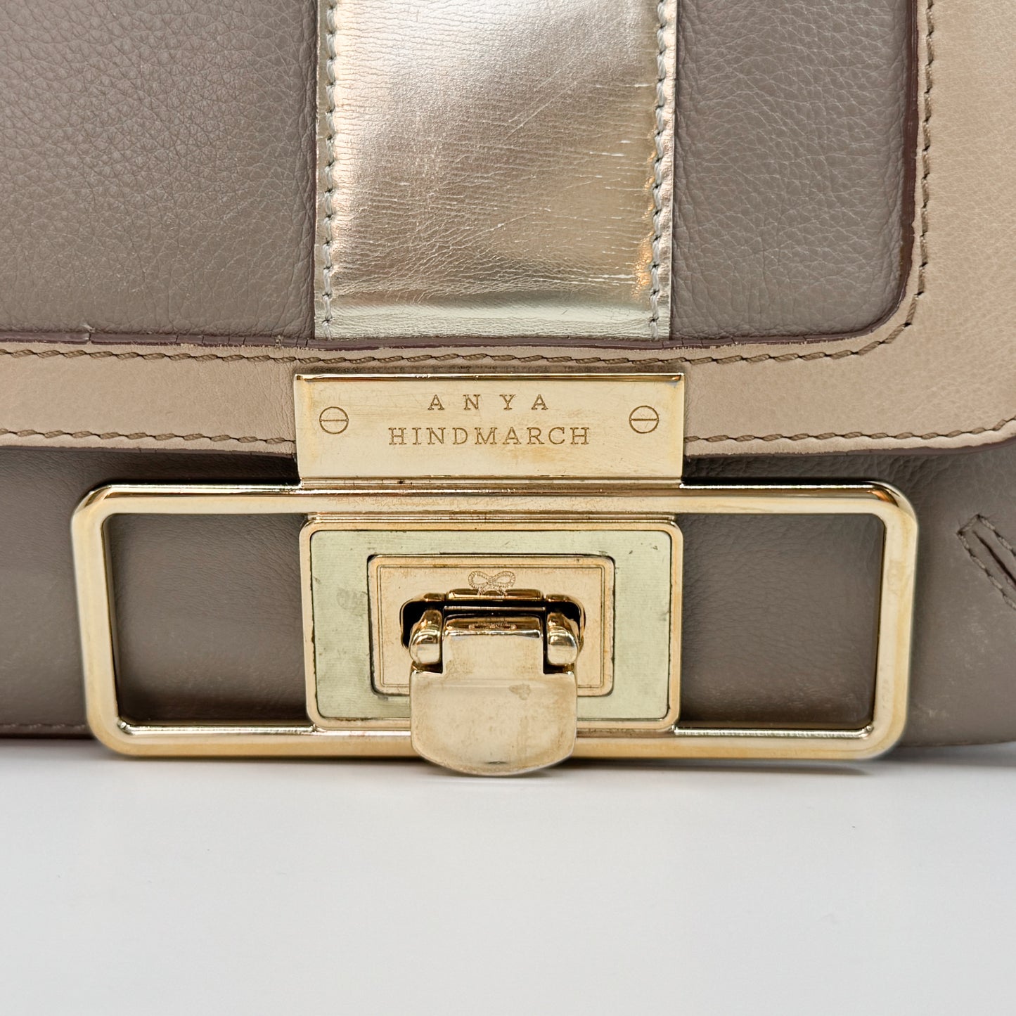 Anya Hindmarch Beige Gold Leather Flap & Clasp Bag