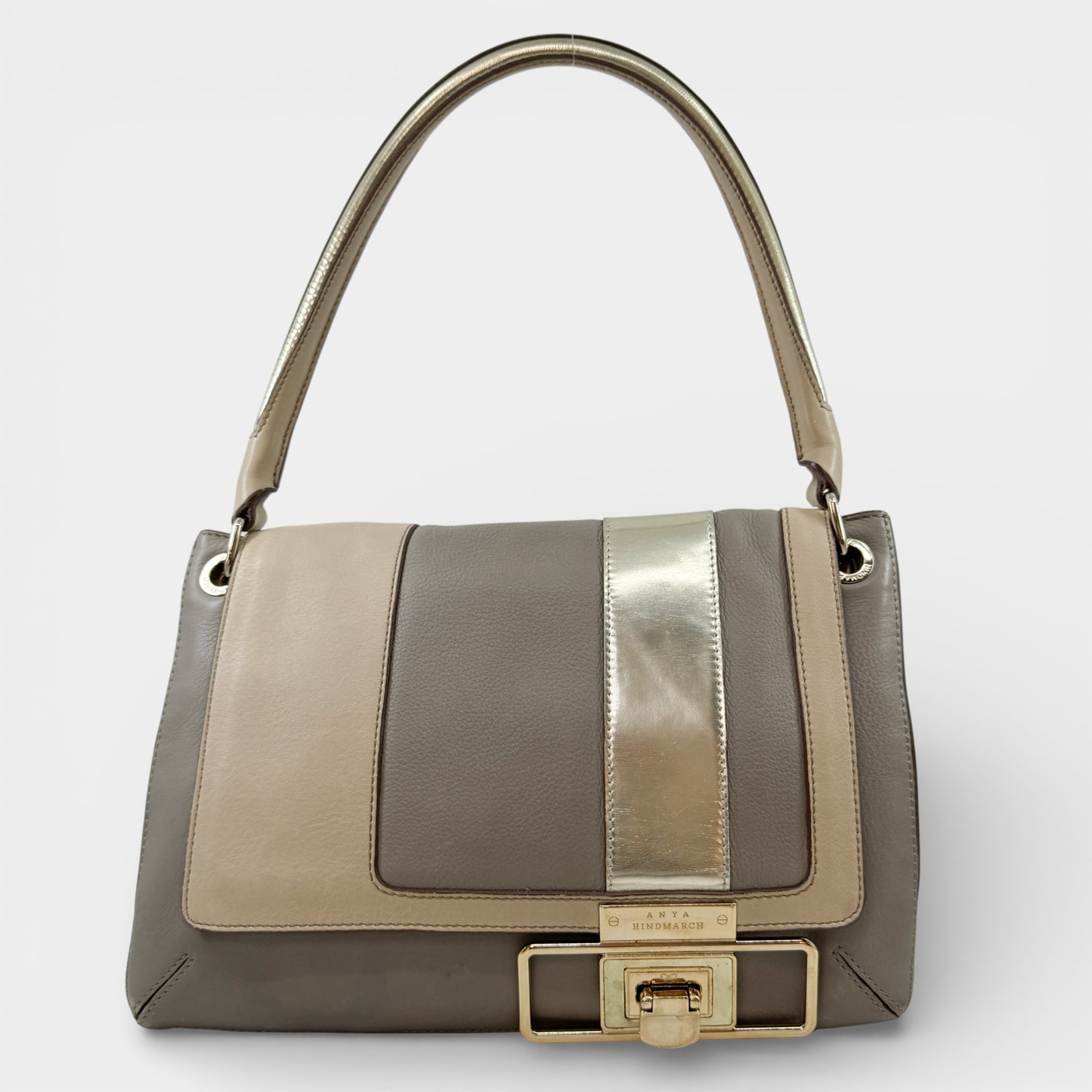 Anya Hindmarch Beige Gold Leather Flap & Clasp Bag
