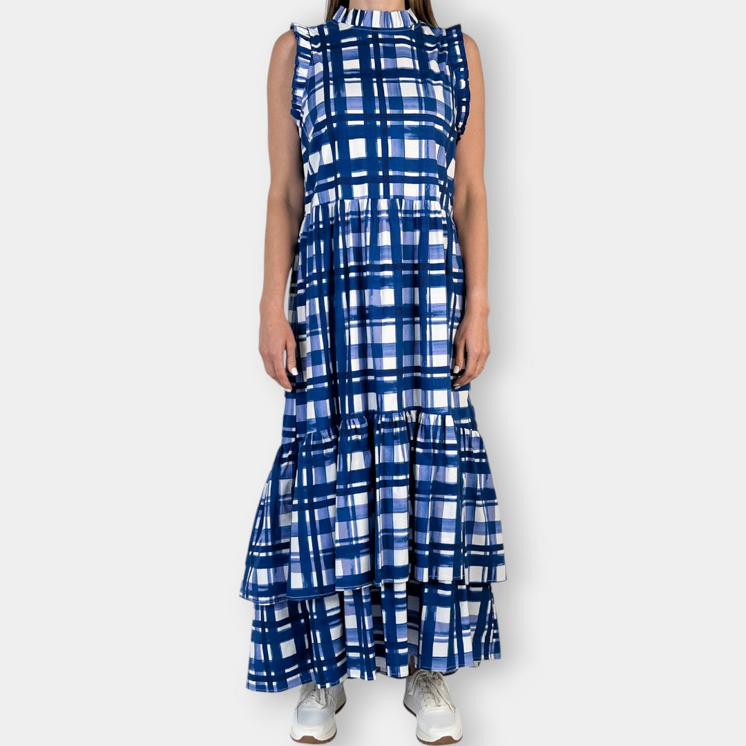 Arlington Milne Blue Check Tiered Cotton Maxi Dress Medium ~ AU12