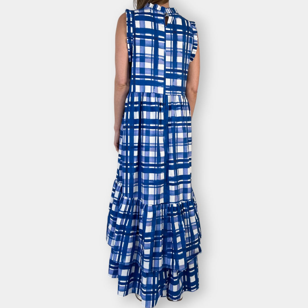 Arlington Milne Blue Check Tiered Cotton Maxi Dress Medium ~ AU12