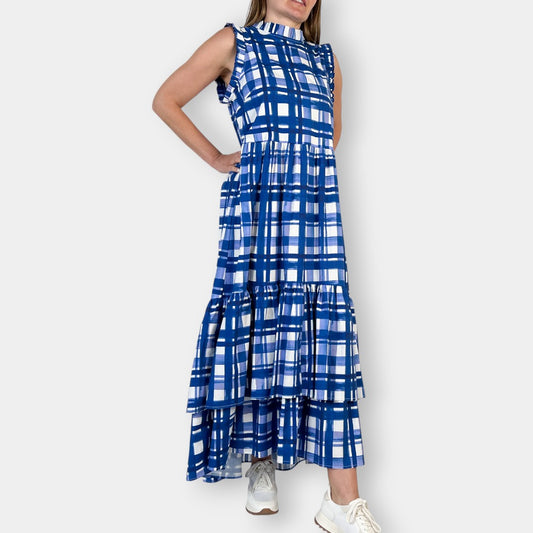 Arlington Milne Blue Check Tiered Cotton Maxi Dress Medium ~ AU12