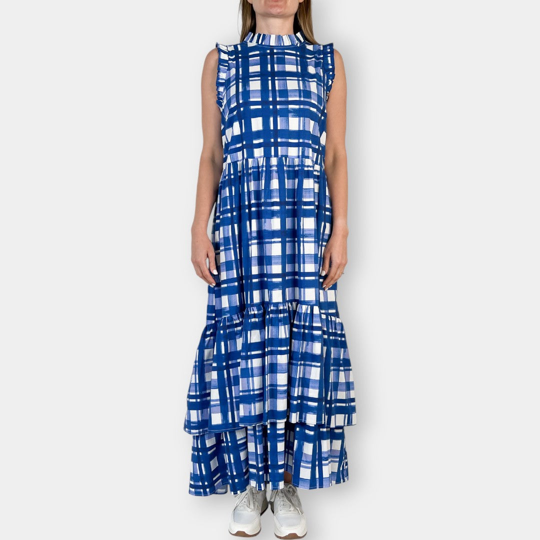 Arlington Milne Blue Check Tiered Cotton Maxi Dress Medium ~ AU12