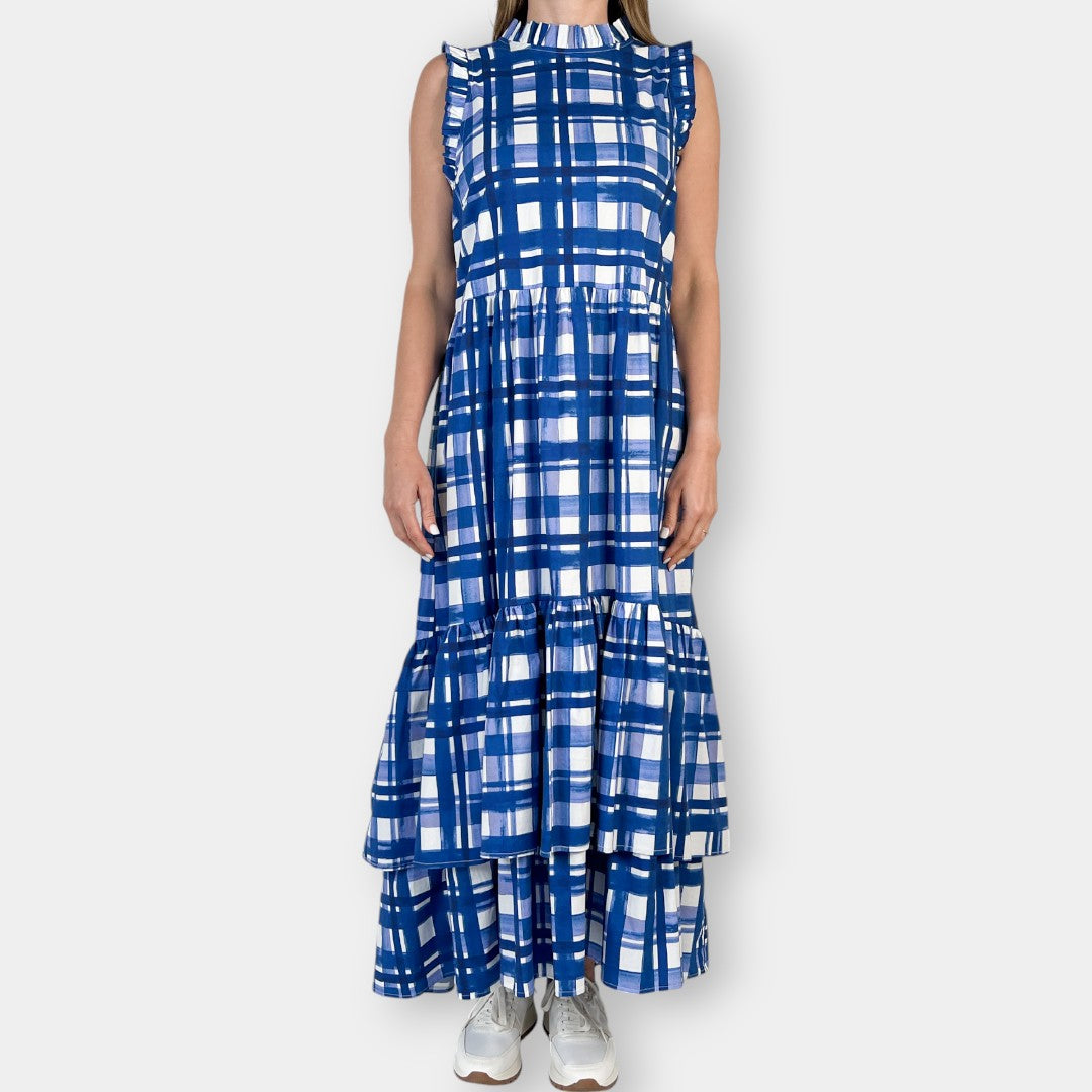 Arlington Milne Blue Check Tiered Cotton Maxi Dress Medium ~ AU12