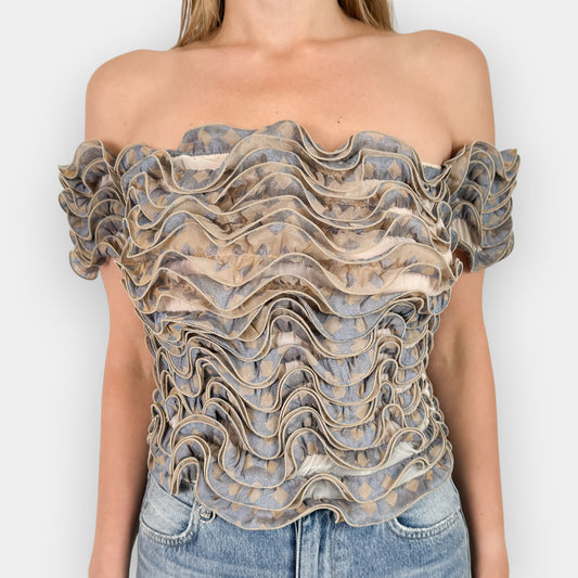 Georgio Armani Vintage Blue Beige Stretch Ruffle Top Medium ~ AU10-12