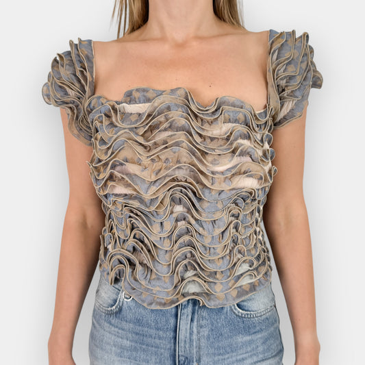 Georgio Armani Vintage Blue Beige Stretch Ruffle Top Medium ~ AU10-12