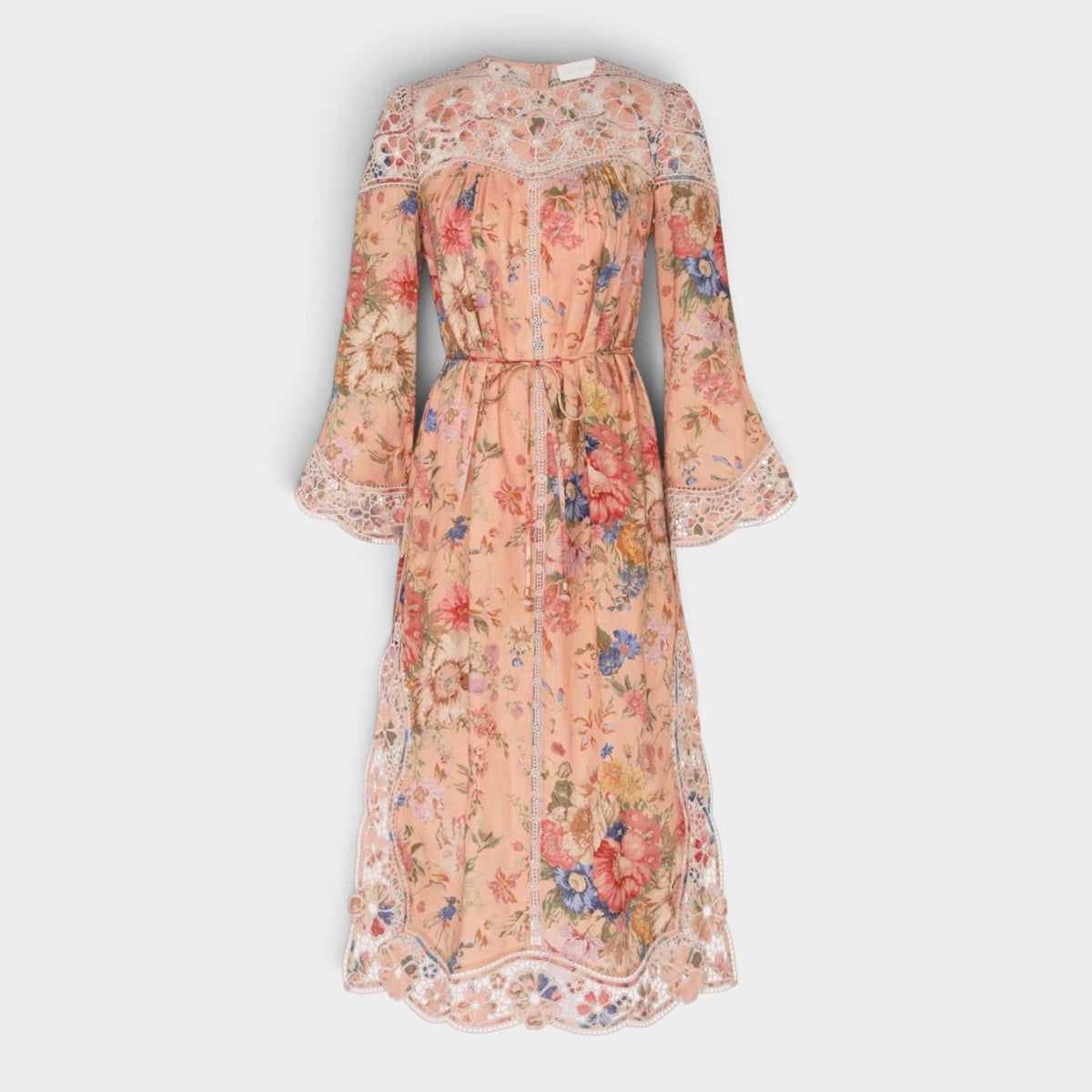 Zimmermann Pink Peach Floral Linen Broderie Midi Dress Size 1 ~ AU8-10