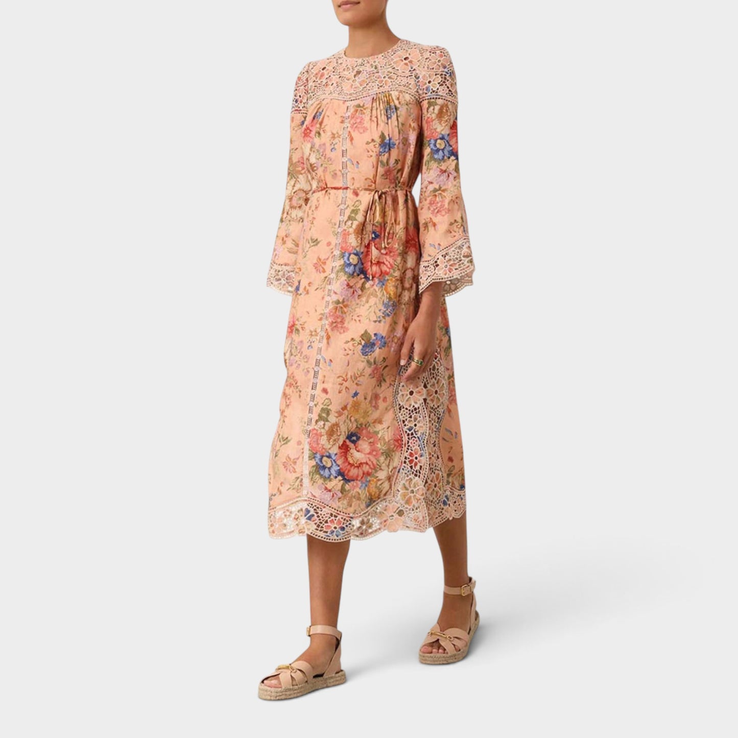 Zimmermann Pink Peach Floral Linen Broderie Midi Dress Size 1 ~ AU8-10
