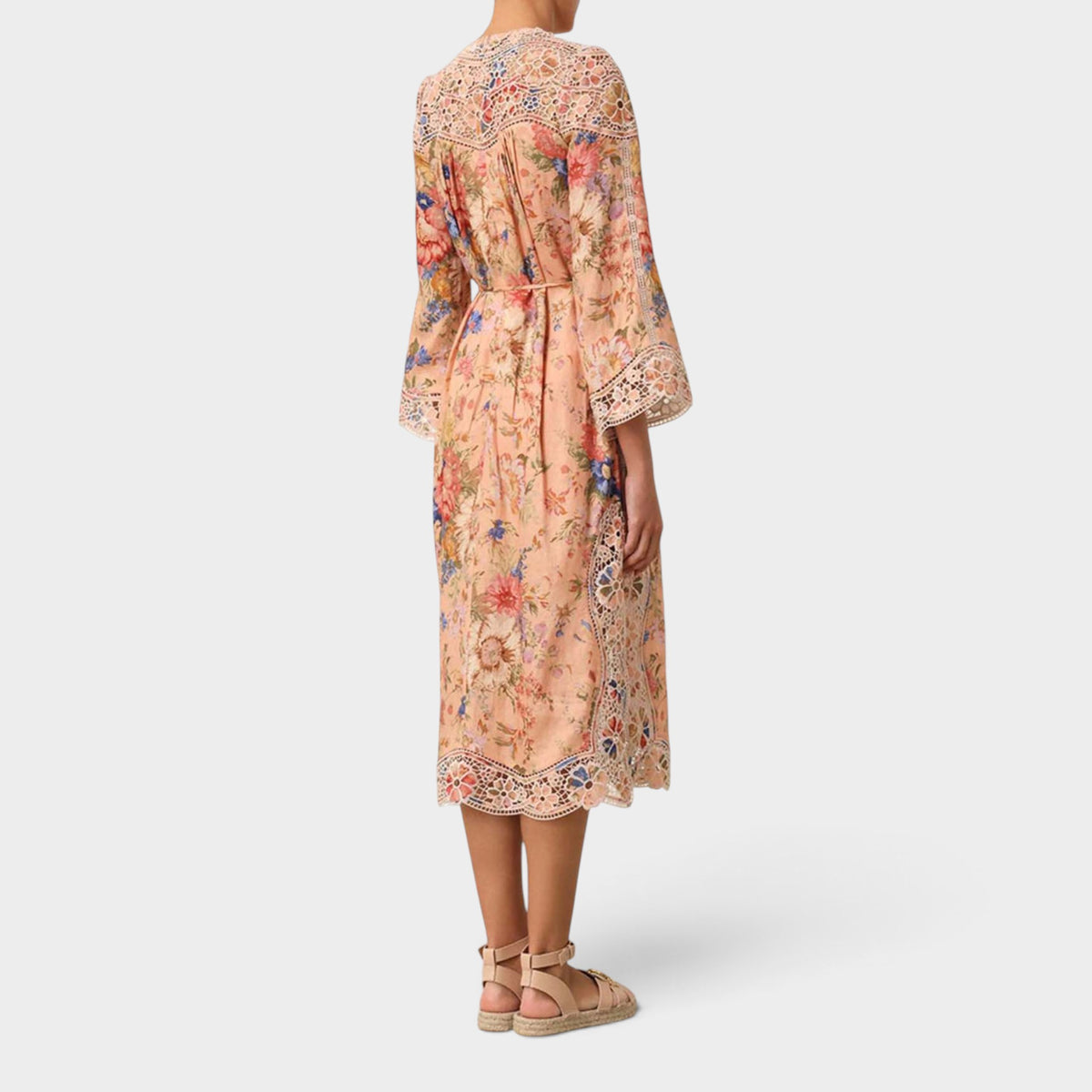 Zimmermann Pink Peach Floral Linen Broderie Midi Dress Size 1 ~ AU8-10