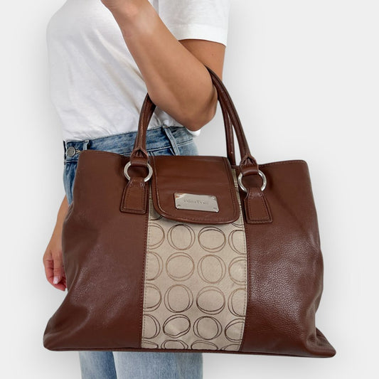 Oroton Brown Leather Monogram Canvas Large Tote Bag [Vintage]