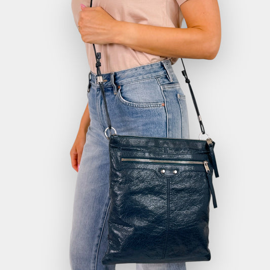Balenciaga Dark Teal Green RH Day Crinkled Leather Messenger Bag