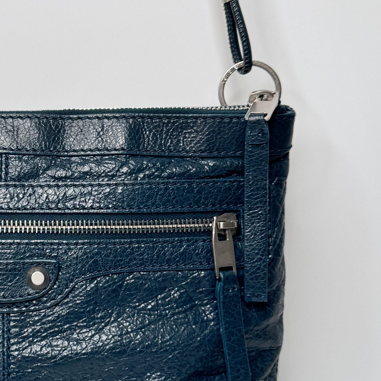 Balenciaga Dark Teal Green RH Day Crinkled Leather Messenger Bag