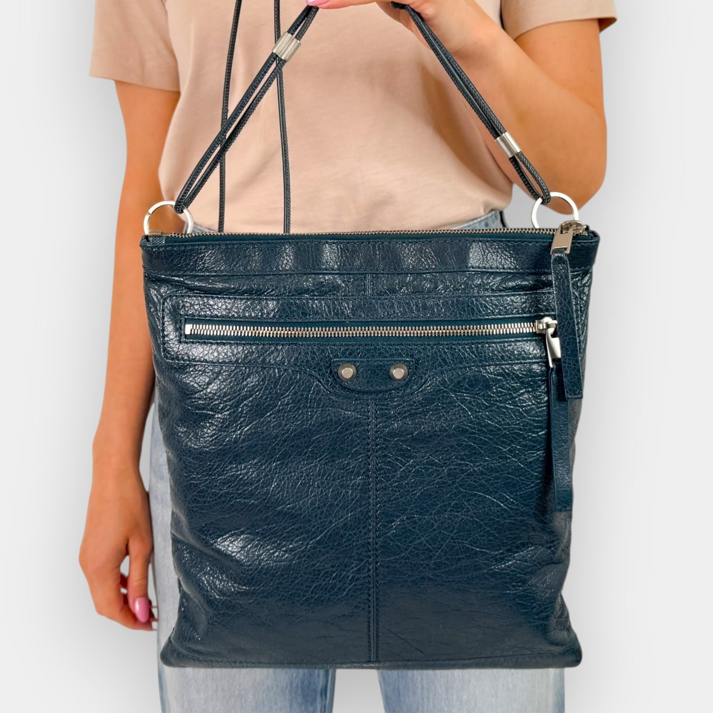 Balenciaga Dark Teal Green RH Day Crinkled Leather Messenger Bag