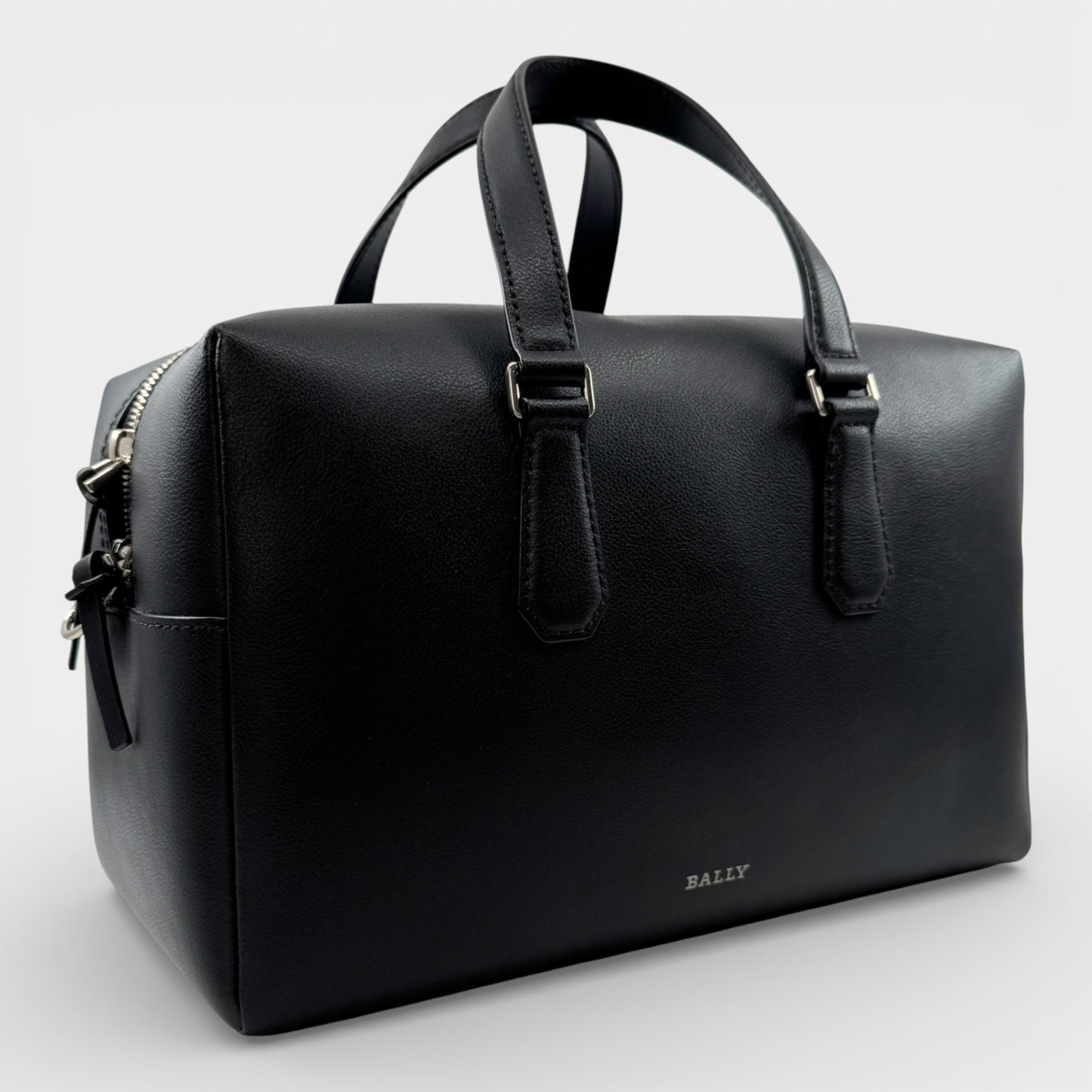 Bally Kairi Black Smooth Leather Structured Bowling Weekender Tote Bag