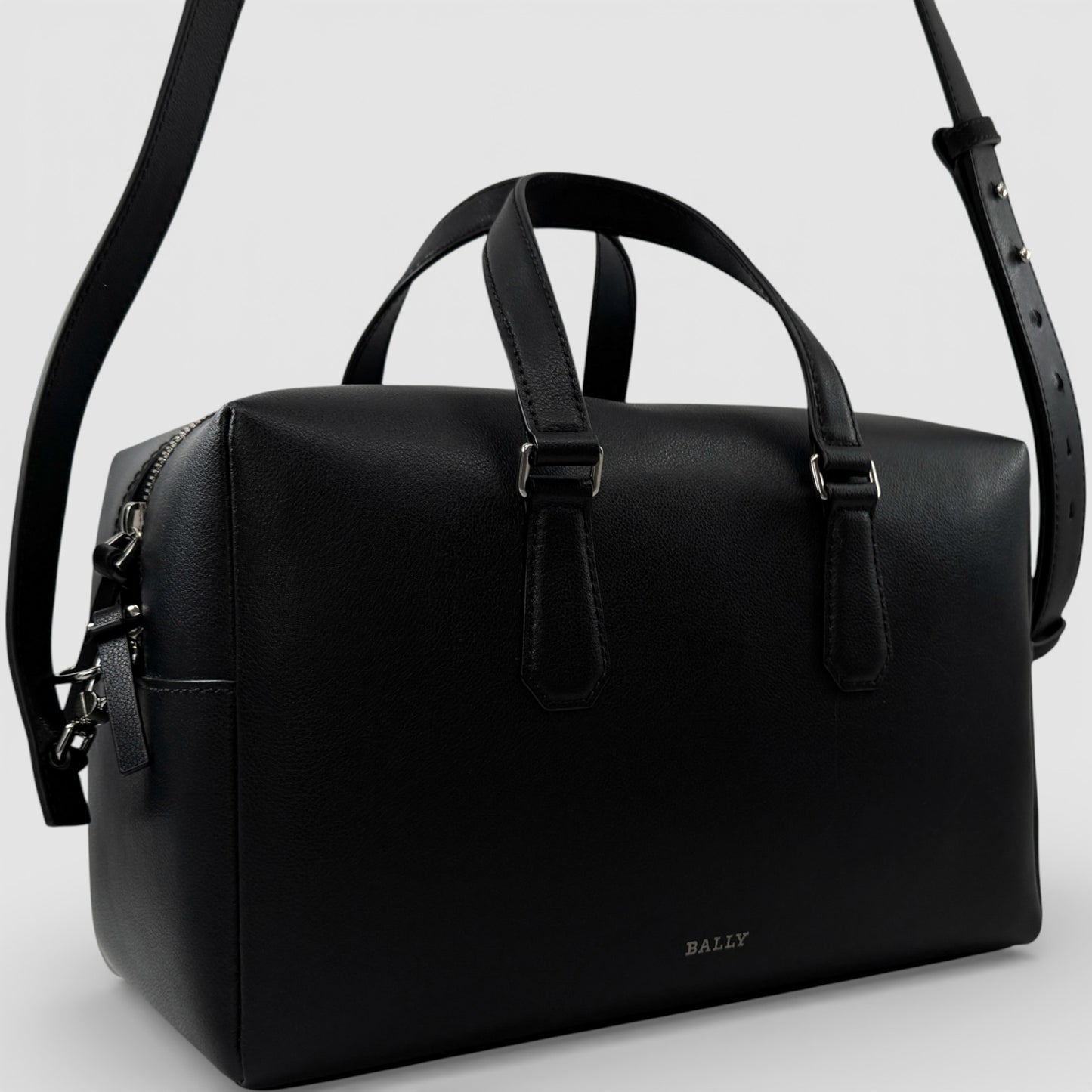 Bally Kairi Black Smooth Leather Structured Bowling Weekender Tote Bag