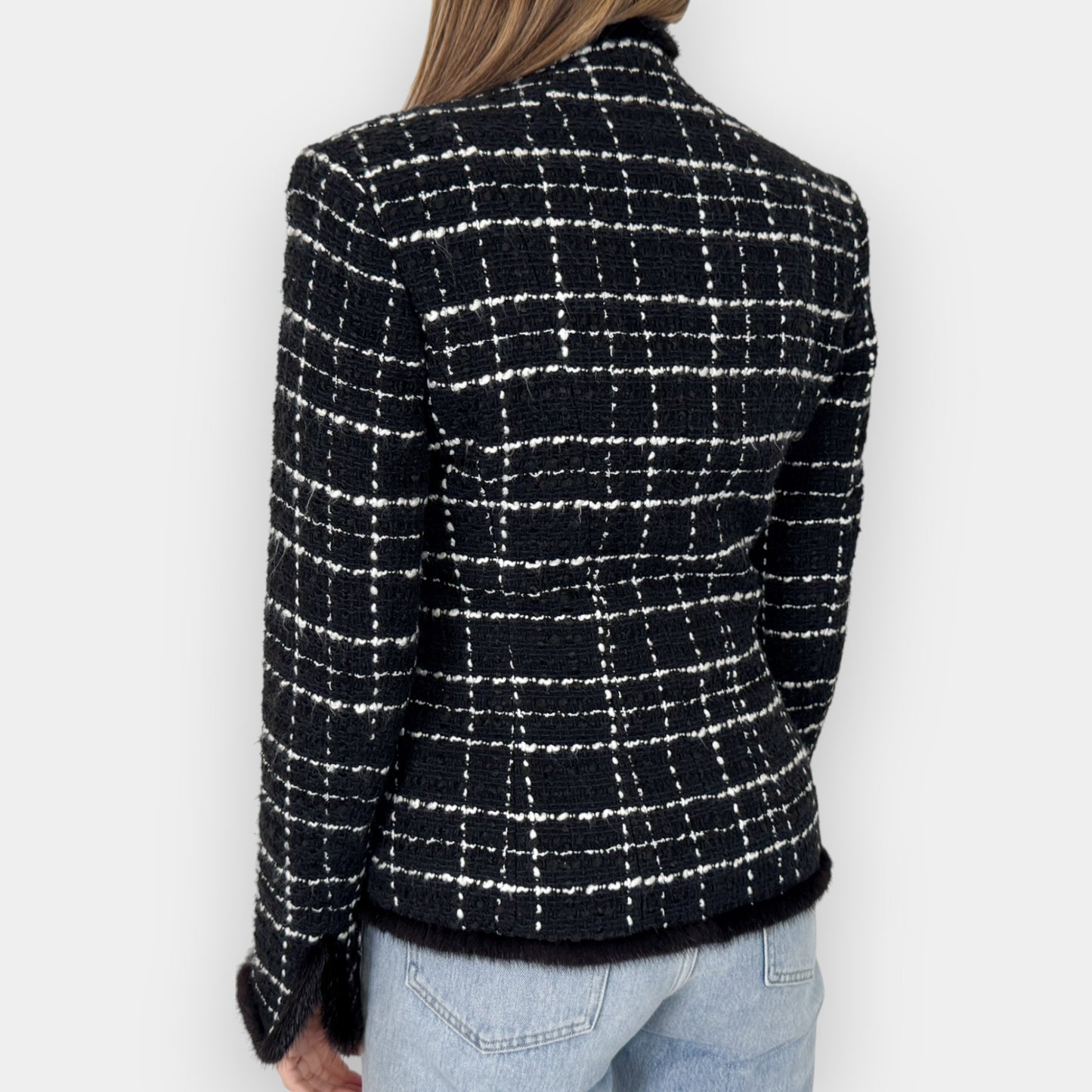 Basler Black White Tweed Bouclé Fur Trim Tailored Jacket ~ AU10